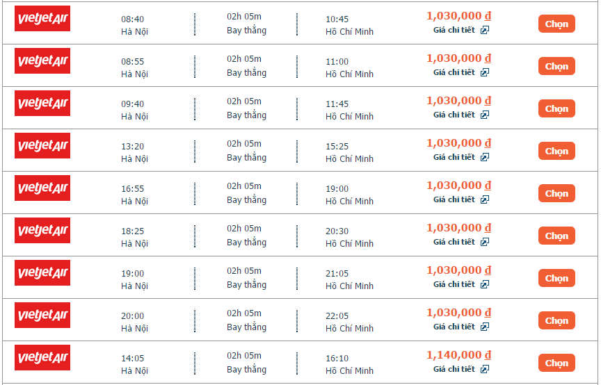 Bảng giá của hãng Vietjet air trên alove.vn