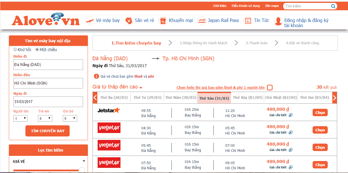                              Bảng giá vé của các hãng hàng không trên alove.vn