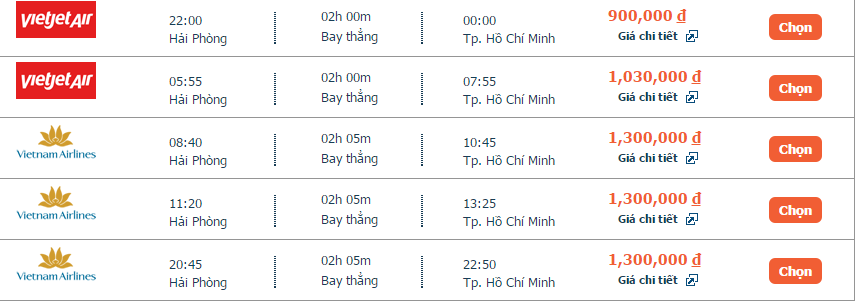 Giá vé máy bay Hải Phòng đi Sài Gòn