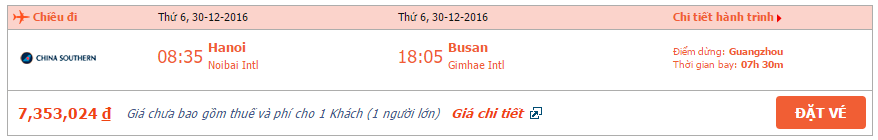 Bảng giá vé máy bay China Southern Airlines từ Hà Nội đi Busan