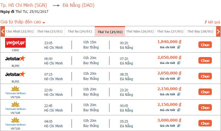 Vé máy bay từ Hà Chí Minh đi Đà Nẵng tháng 1