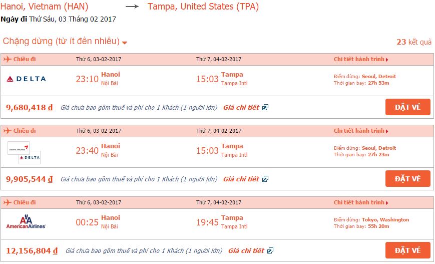 Bảng giá vé máy bay từ Hà Nội đi Tampa, Mỹ