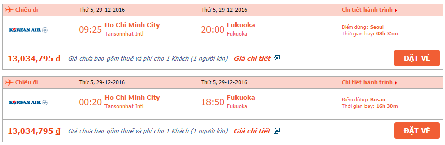Bảng giá vé máy bay Korean Air Hồ Chí Minh đi Fukuoka