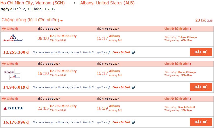 Giá vé máy bay American Airlines từ Sài Gòn đi Albany