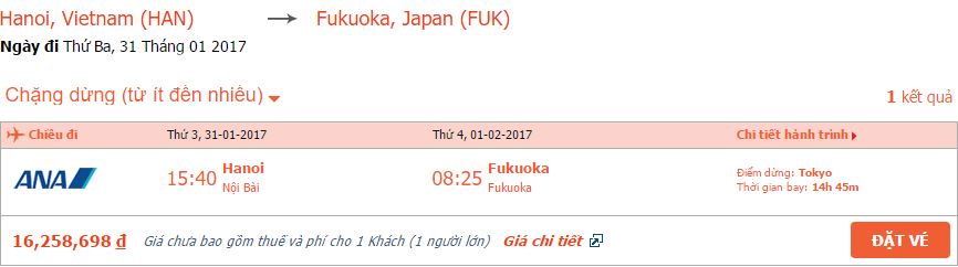 Bảng giá vé máy bay All Nippon Airways từ Hà Nội đi Fukuoka