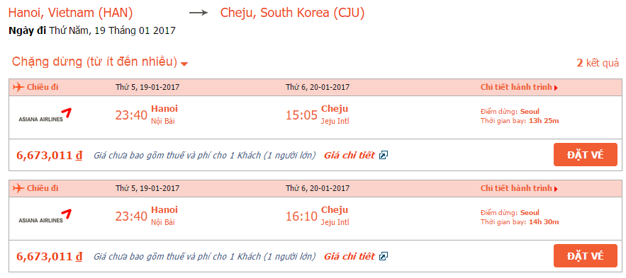  Bảng giá vé máy bay Asiana Airlines từ Hà nội đi Jeju