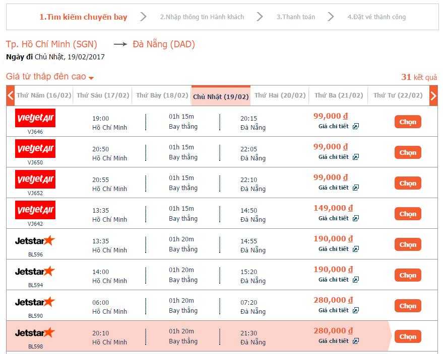 Bảng giá vé máy bay từ Sài Gòn(tphcm) đi Đà Nẵng