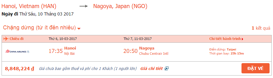 Vé máy bay China Airlines đi Nagoya