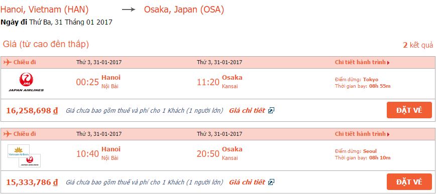 Bảng giá vé máy bay Japan Airlines từ Hà Nội đi Osaka