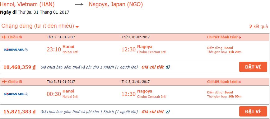 Bảng giá vé máy bay Korean Air Hà nội đi Nagoya