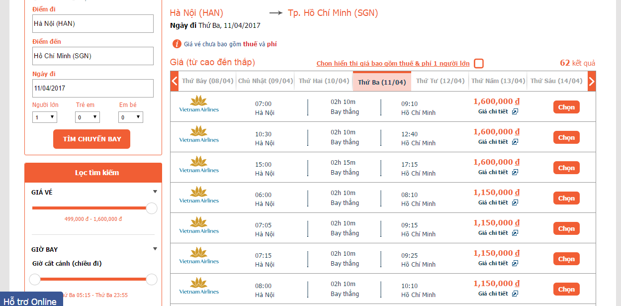 Mua vé máy bay Vietnam Airline đi Sài Gòn