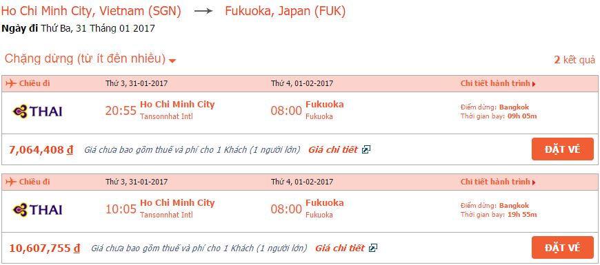 Vé máy bay Thai Airways Hồ Chí Minh đi Fukuoka