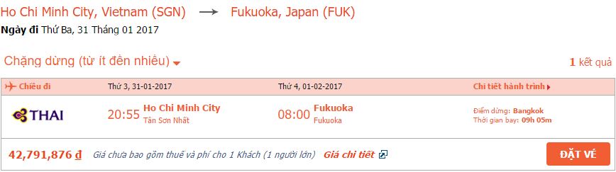 Bảng giá vé máy bay Thai Airways từ Sài Gòn đi Fukuoka