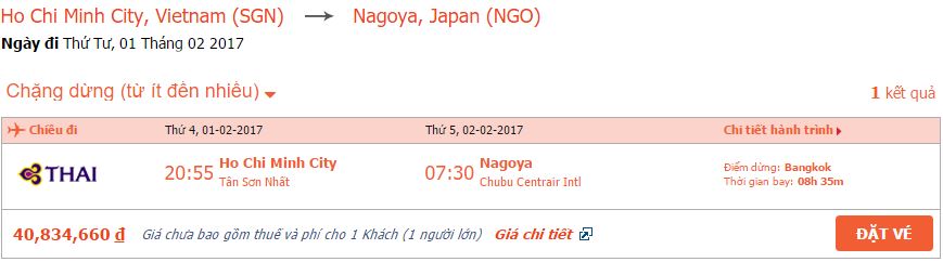 Bảng giá vé máy bay Thai Airways từ Sài Gòn đi Nagoya