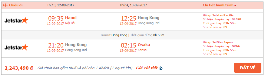 Bảng giá vé máy bay Jetstar đi Osaka 1