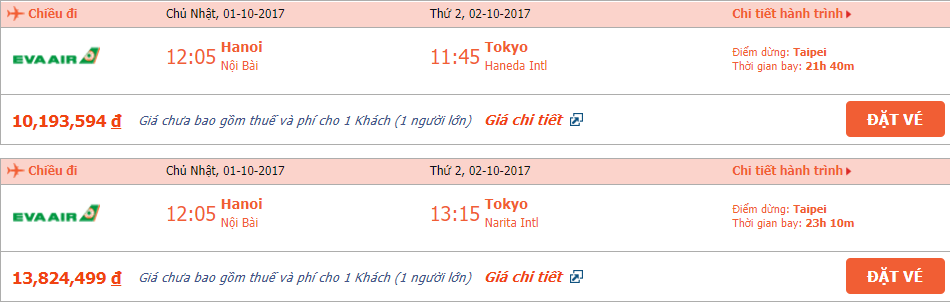 Vé máy bay EVA Air đi Nhật Bản tháng 10 1