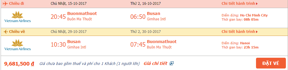 Vé máy bay khứ hồi Buôn Ma Thuật đi Hàn Quốc tháng 10 1