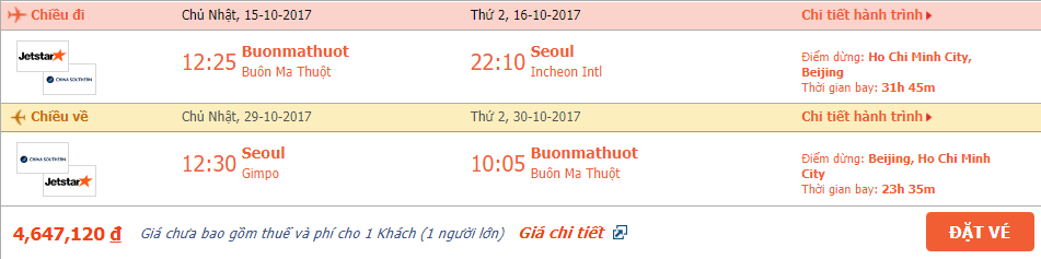 Vé máy bay khứ hồi Buôn Ma Thuật đi Hàn Quốc tháng 10 2