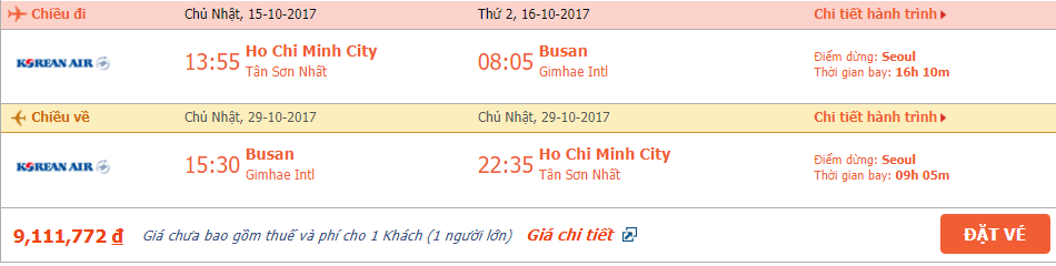 Vé máy bay khứ hồi Côn Đảo đi Hàn Quốc tháng 10 2