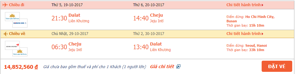 Vé máy bay khứ hồi Đà Lạt đi Hàn Quốc tháng 10 3