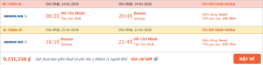 Vé máy bay khứ hồi đi Hàn Quốc tháng 1 3