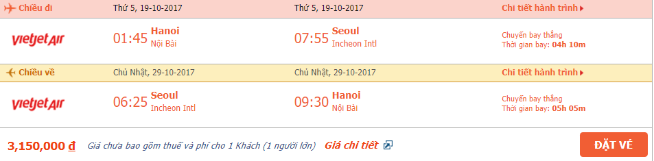 Vé máy bay khứ hồi Điện Biên đi Hàn Quốc tháng 10 3