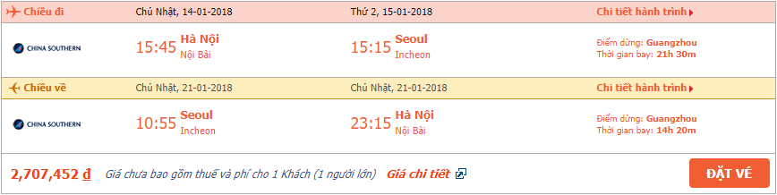 Vé máy bay khứ hồi Hà Nội đi Hàn Quốc tháng 1 2
