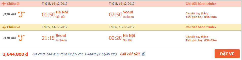 Vé máy bay khứ hồi Hà Nội đi Hàn Quốc tháng 12 2