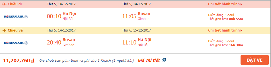 Vé máy bay khứ hồi Hà Nội đi Hàn Quốc tháng 12 2