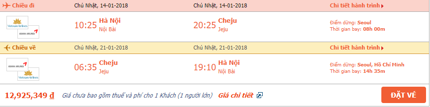 Vé máy bay khứ hồi Hà Nội đi Hàn Quốc tháng 1 4