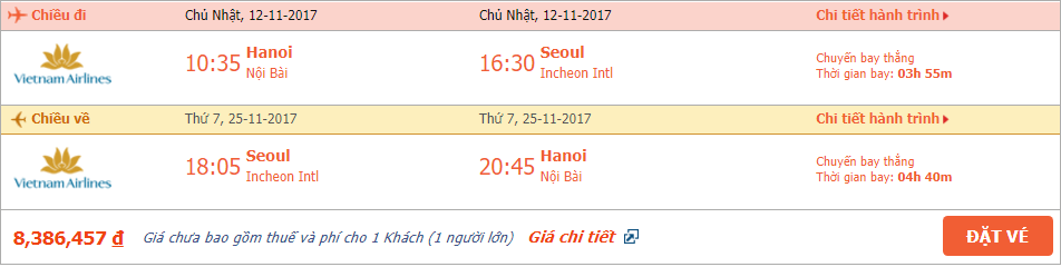 Vé máy bay khứ hồi Hà Nội đi Seoul tháng 11 2