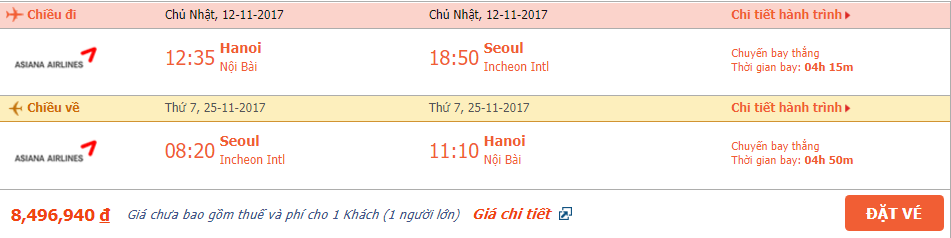 Vé máy bay khứ hồi Hà Nội đi Seoul tháng 11 3