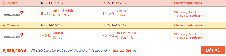 Vé máy bay khứ hồi Hồ Chí Minh đi Hàn Quốc tháng 12 3