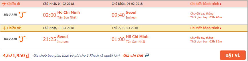 Vé máy bay khứ hồi Hồ Chí Minh đi Hàn Quốc tháng 2 1