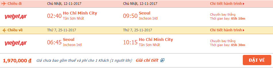 Vé máy bay khứ hồi Hồ Chí Minh đi Seoul tháng 11 1