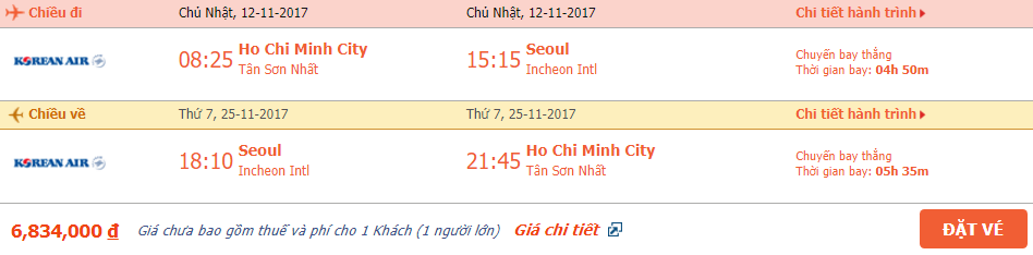 Vé máy bay khứ hồi Hồ Chí Minh đi Seoul tháng 11 2