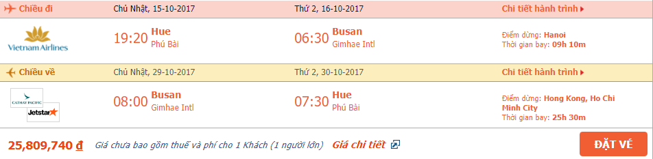 Vé máy bay khứ hồi Huế đi Busan tháng 10 3