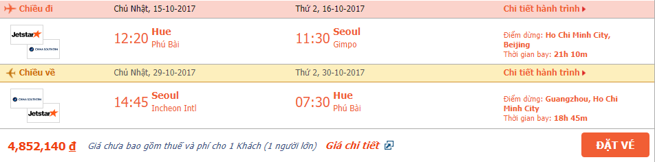 Vé máy bay khứ hồi Huế đi Hàn Quốc tháng 10 1