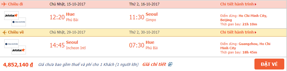 Vé máy bay khứ hồi Huế đi Seoul tháng 10 1