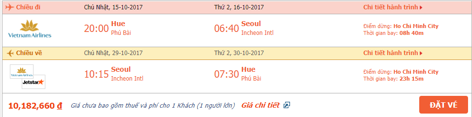 Vé máy bay khứ hồi Huế đi Seoul tháng 10 3