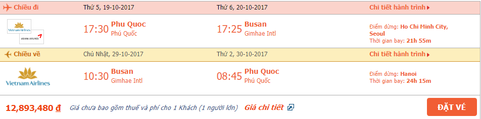 Vé máy bay khứ hồi Phú Quốc đi Busan tháng 10 3