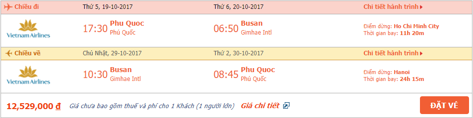 Vé máy bay khứ hồi Phú Quốc đi Hàn Quốc tháng 10 1