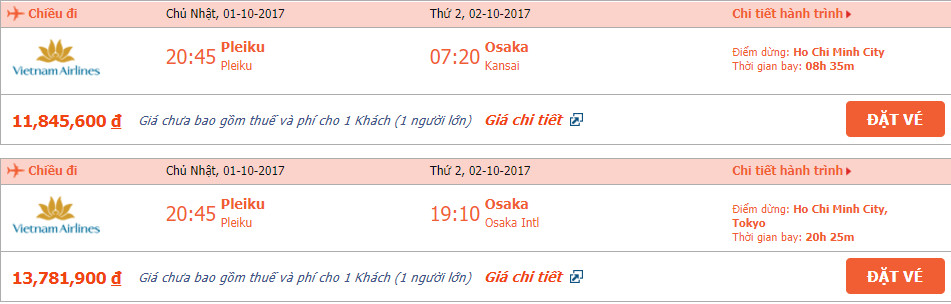 Vé máy bay Pleiku đi Osaka tháng 10 1