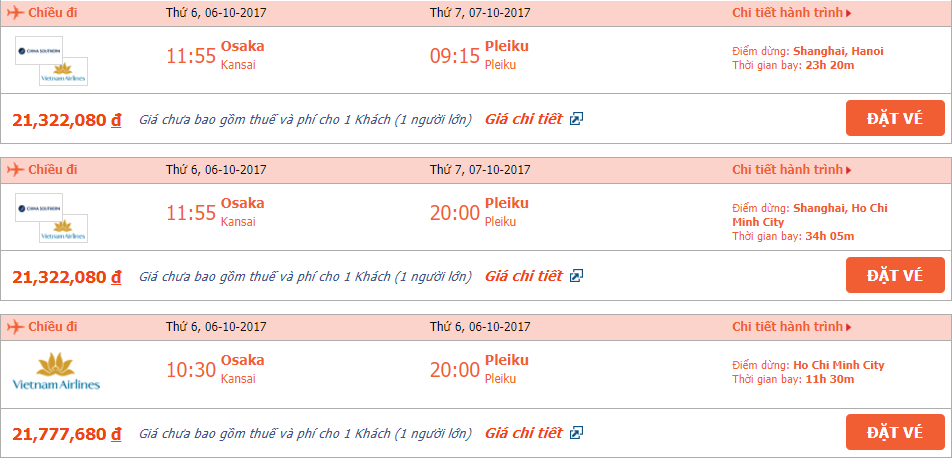 Vé máy bay Pleiku đi Osaka tháng 10 3
