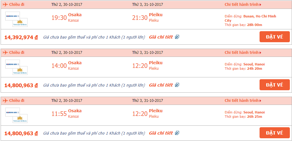 Vé máy bay Pleiku đi Osaka tháng 10 4