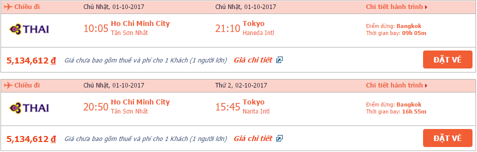 Vé máy bay Thai Airways đi Nhật Bản tháng 10 2