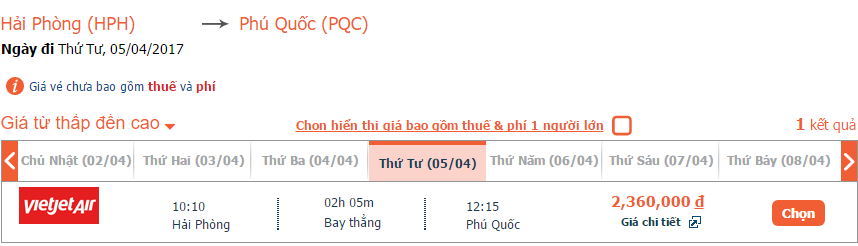 Giá vé máy bay từ Hải Phòng đi Phú Quốc