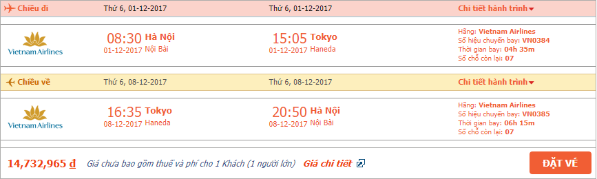 Vé máy bay Vietnam Airlines Hà Nội đi Tokyo tháng 12 1