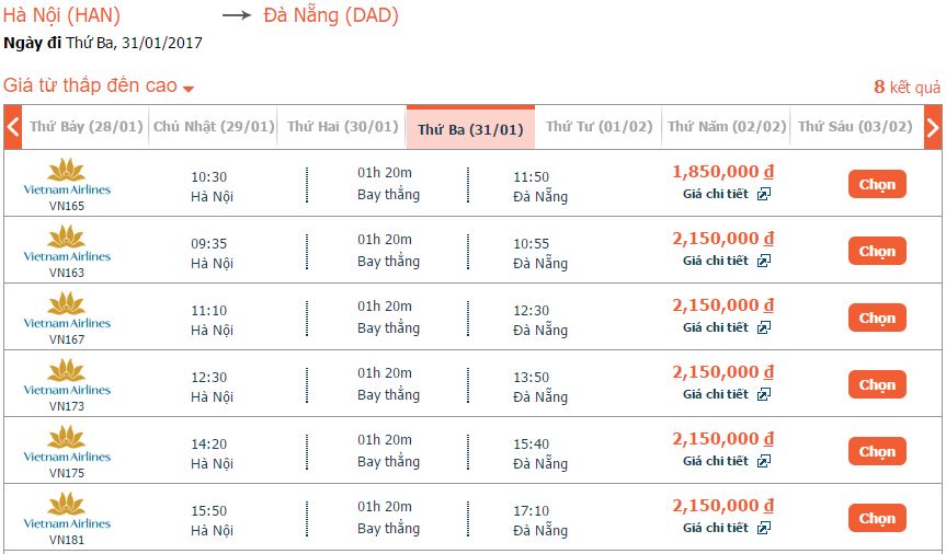 Bảng giá vé máy bay từ Hà Nội đi Đà Nẵng