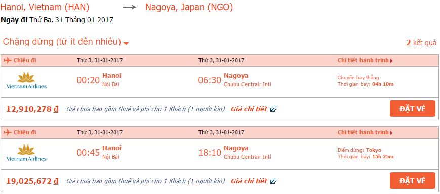 Bảng giá vé máy bay Vietnam Airlines Hà Nội đi Nagoya